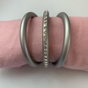 Set of 3 Chunky Silver Matte Bangles with Rhinestones